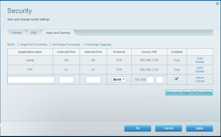screenshot of forwarding a port in a Linksys router