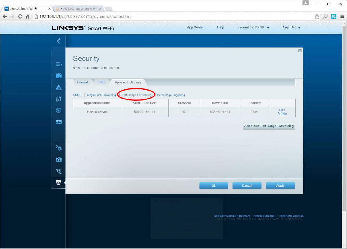 screenshot of a Linksys router Port Range Forwarding page