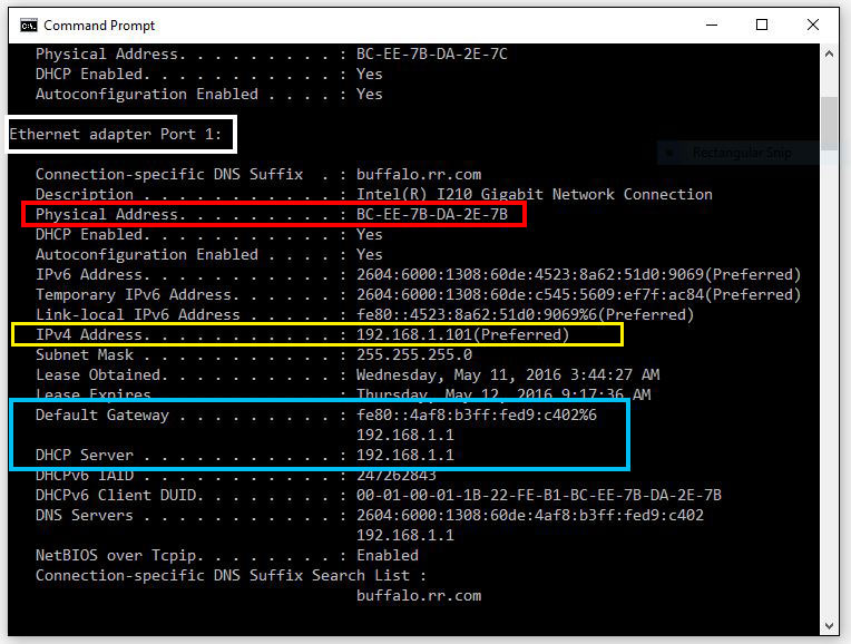 screenshot of the windows command prompt results