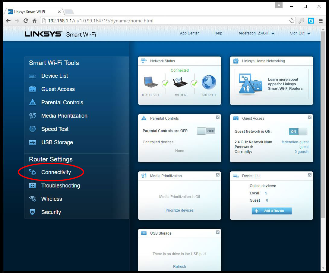 screenshot of linksys menu page