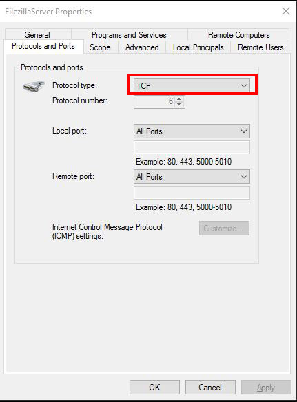 screenshot of the fillazillaServer properties protocol and ports dialog box