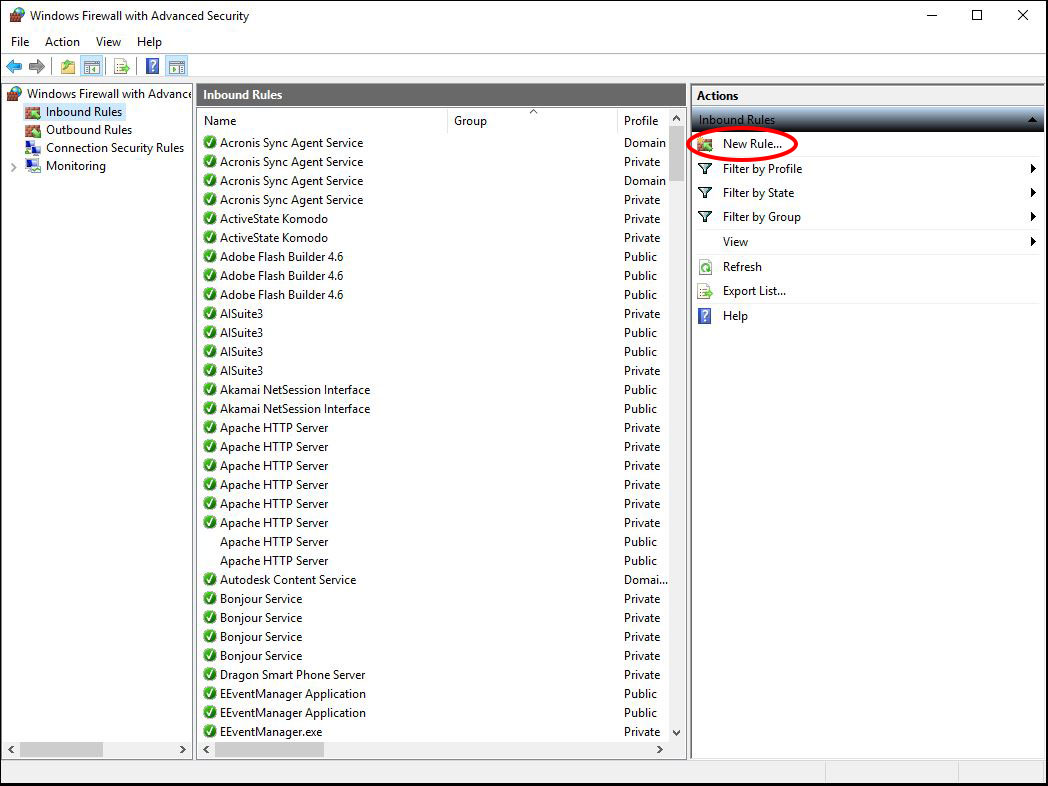 screenshot of windows 10 firewall inbound rules dialog box