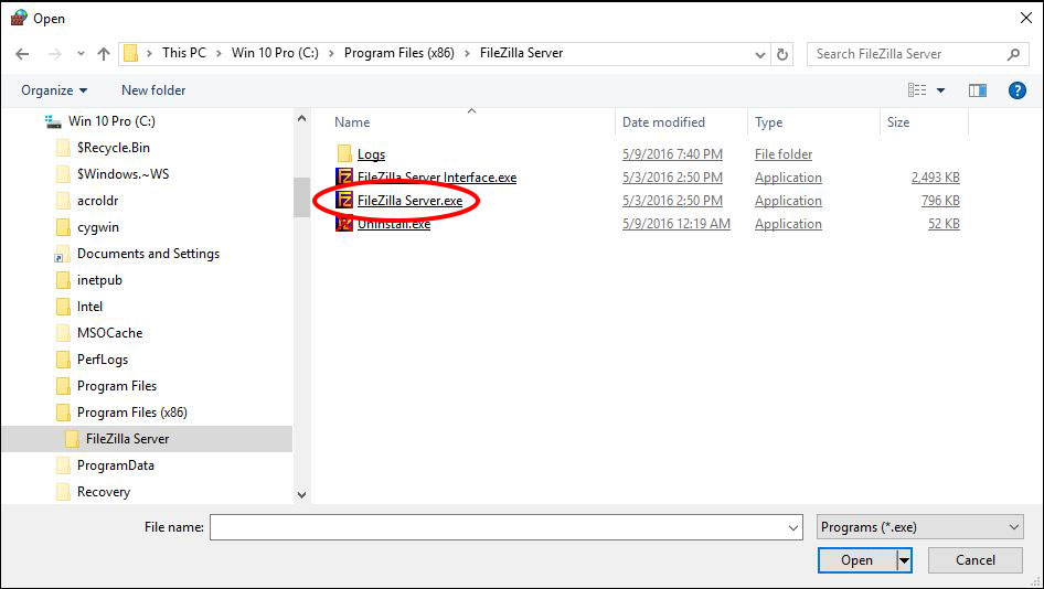 screenshot of default installation location of the Filezilla program