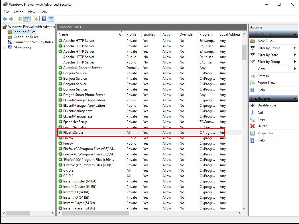 screenshot of the filezilla server firewall rule