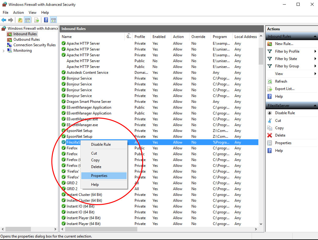 screenshot of the filezillaServer firewallrule properties dialog box