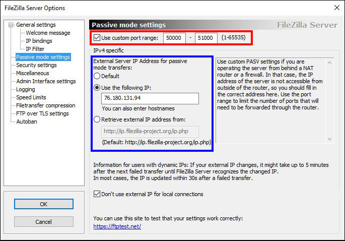 screenshot of the Filezilla Server options passive mode settings