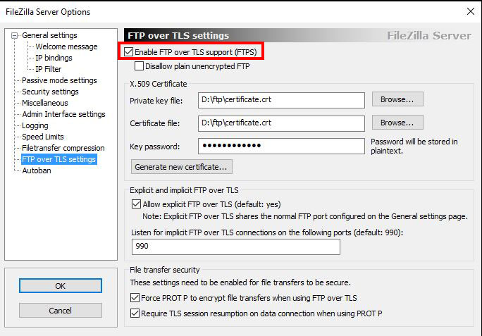 screenshot of the Filezilla Server options FTP over TLS